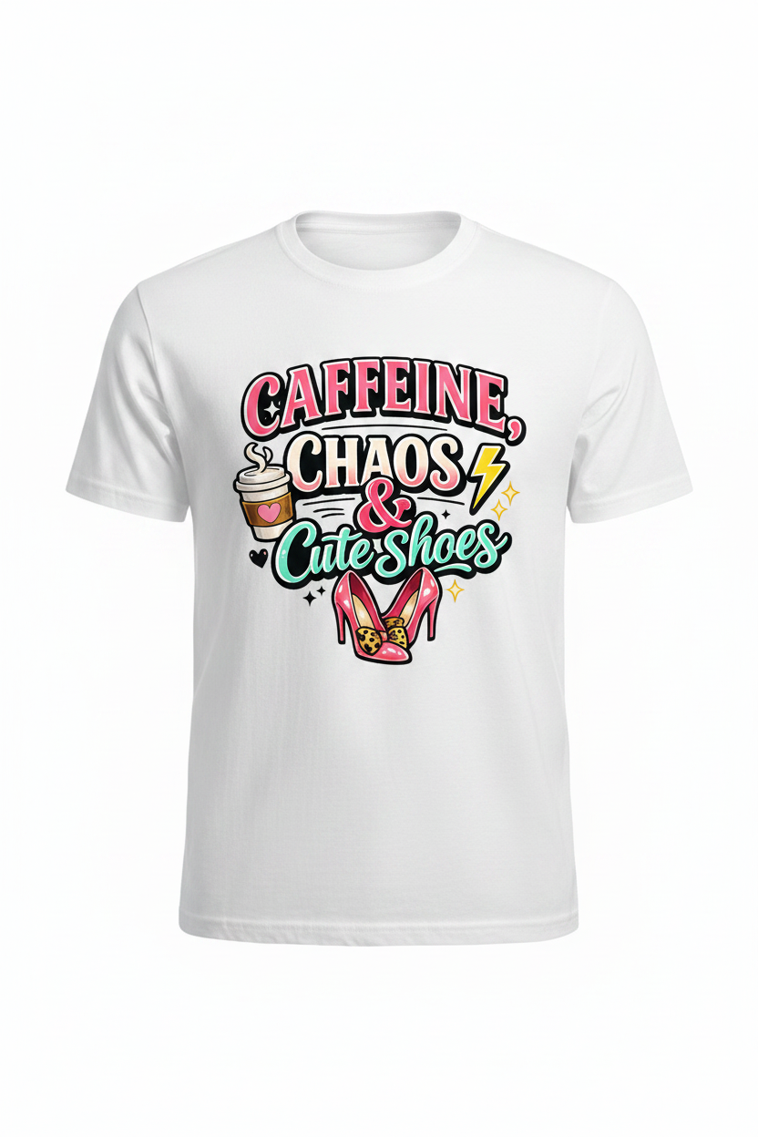 White - Caffeine Chaos & Cute Shoes T-Shirt