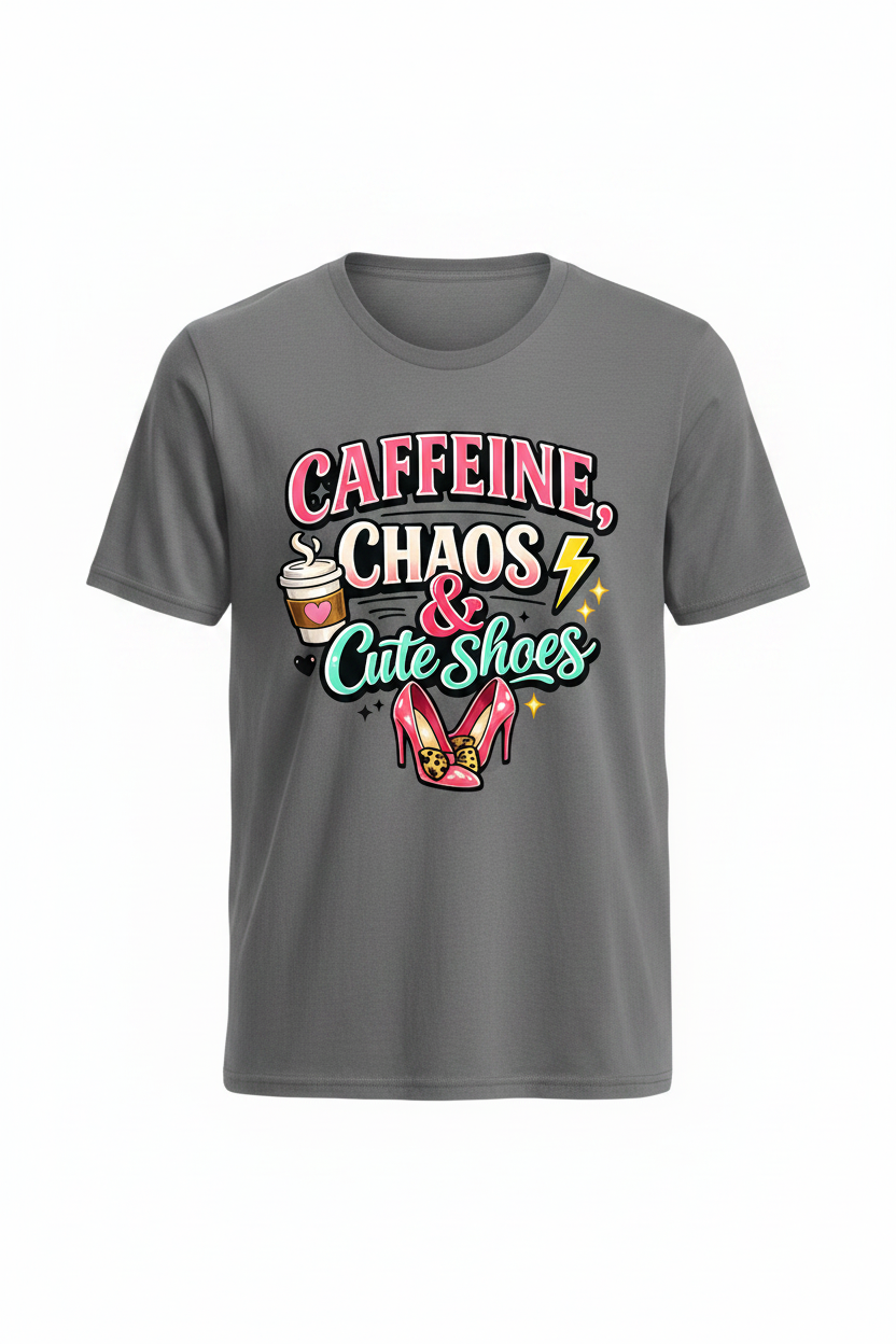 Gray - Caffeine Chaos & Cute Shoes T-Shirt