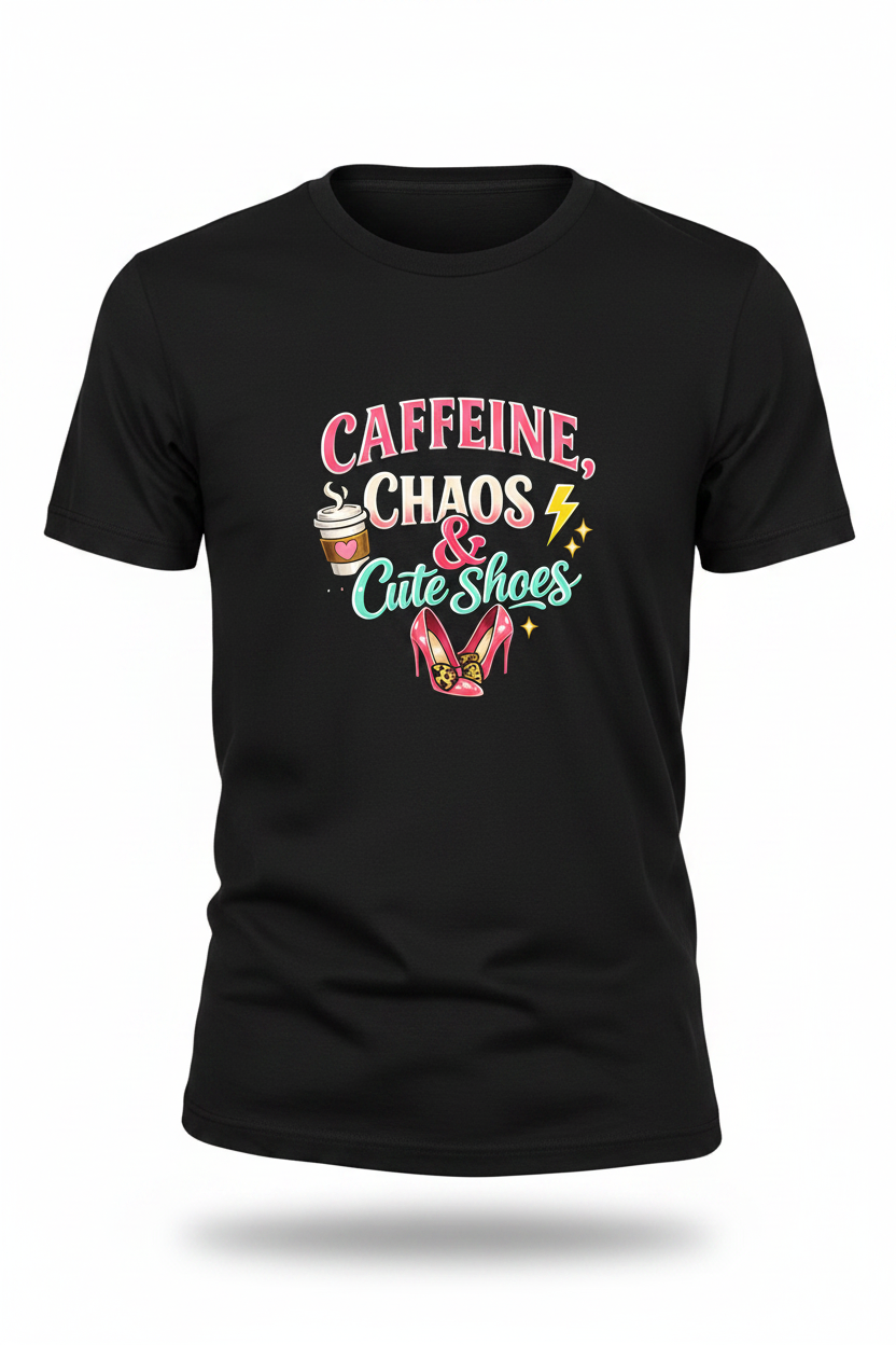 Black - Caffeine Chaos & Cute Shoes T-Shirt