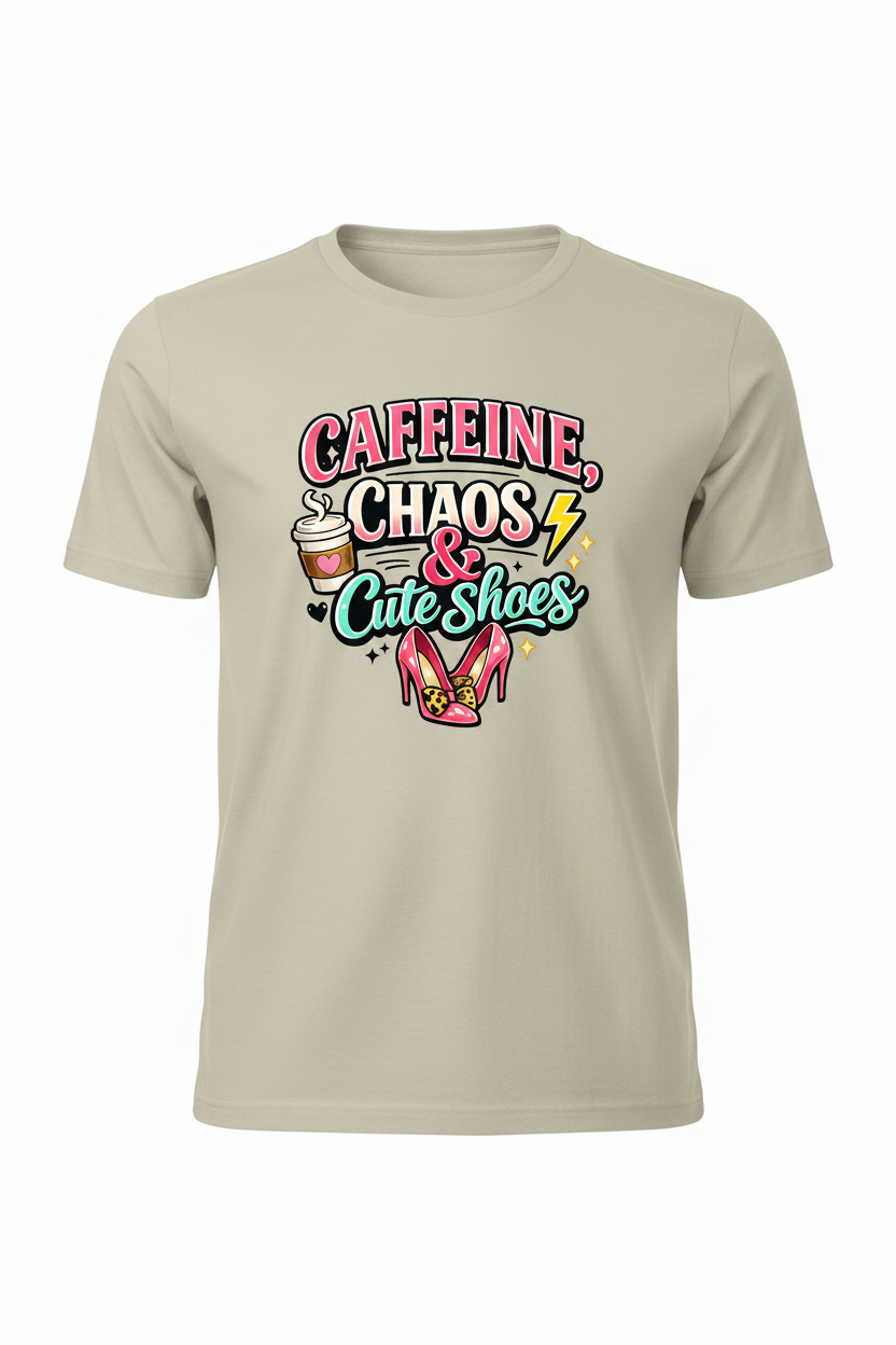 Tan - Caffeine Chaos & Cute Shoes T-Shirt